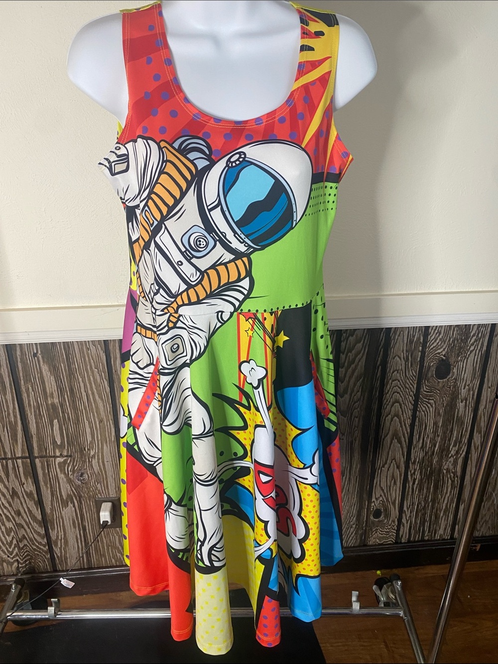 Colorful Pop Art Astronaut Mini Dress - Green Multi